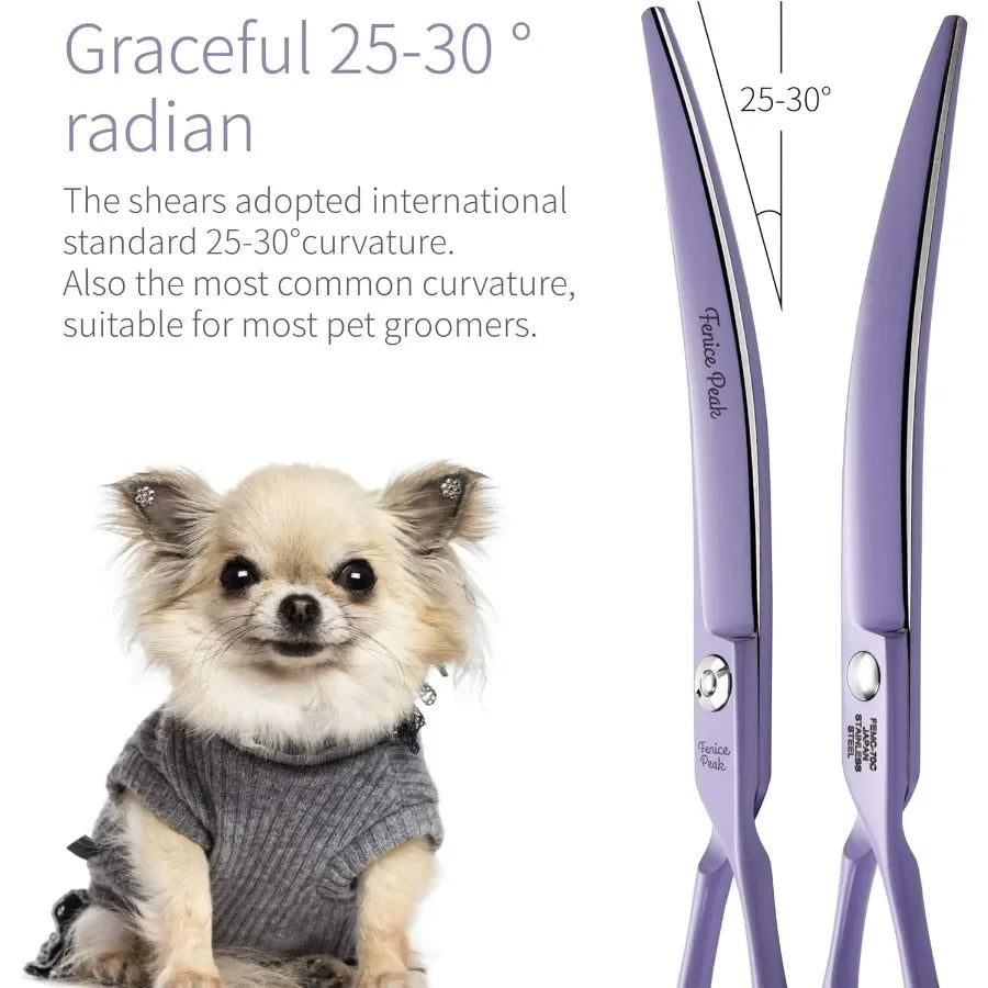 Curved Dog Grooming Scissors with Violet Color Coating 440C Stainless Steel Pet Grooming Bending Shears Sharp and Durable Comfo