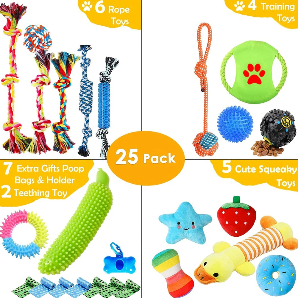 25Pcs Puppy Chew Toy for Teething Dog Chew Toys with Rope Toy Pet Dog Toothbrush Treat Balls & Squeaky Toys for Small Medium Dog