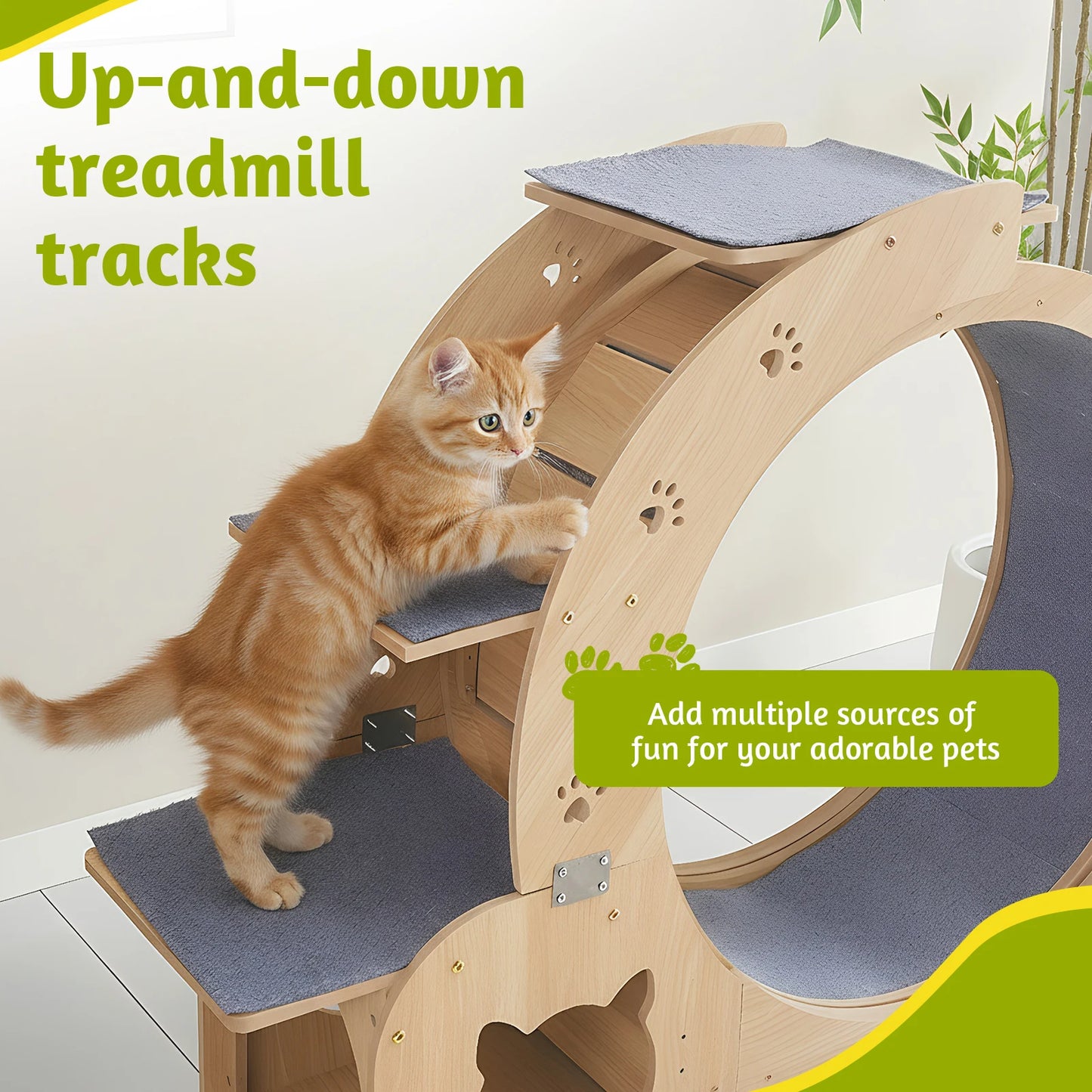 Multi-Functional Indoor Cat Running Exercise Wheel Treadmill Wooden Cat Training Toy Removable Carpet for Pet Running/Walking