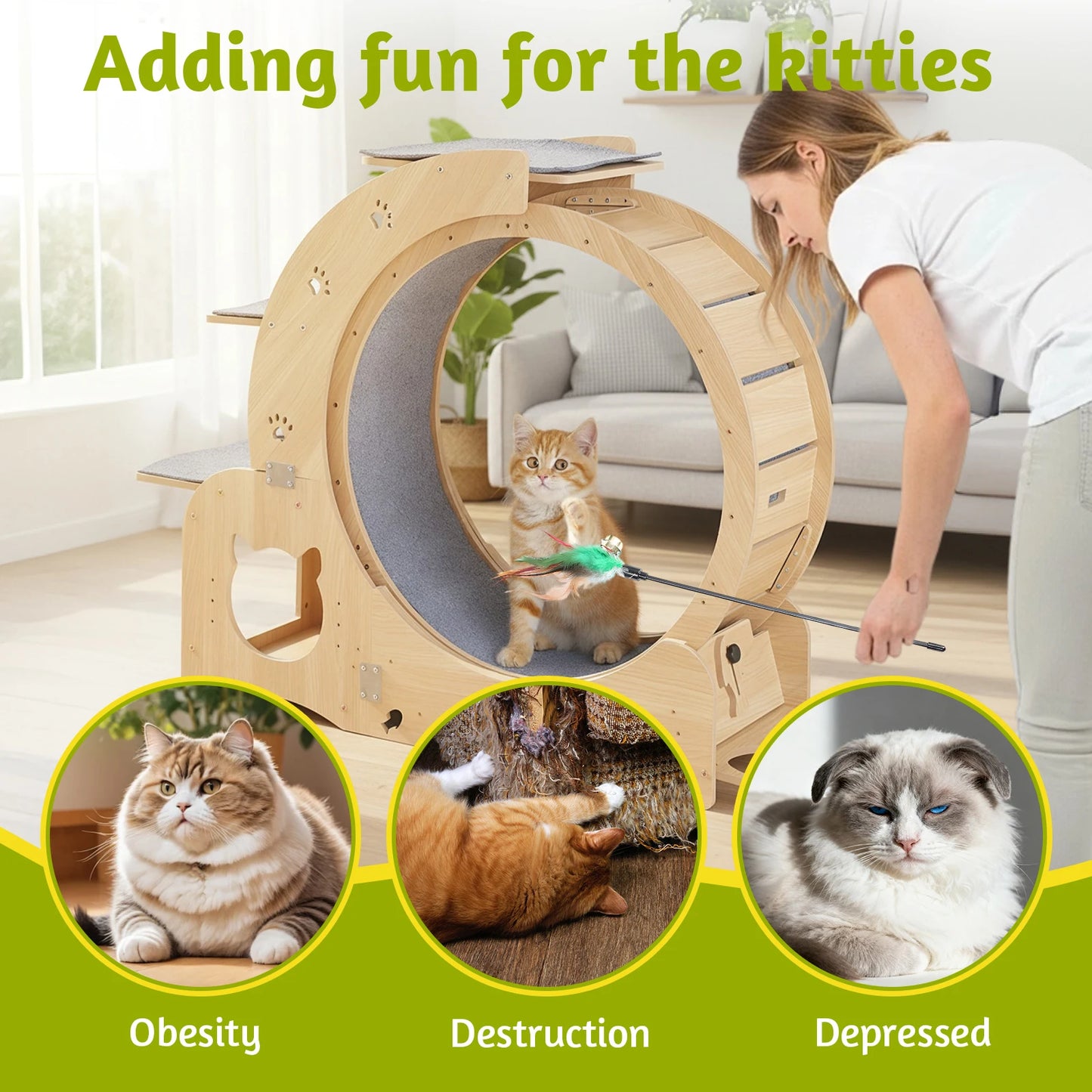 Multi-Functional Indoor Cat Running Exercise Wheel Treadmill Wooden Cat Training Toy Removable Carpet for Pet Running/Walking