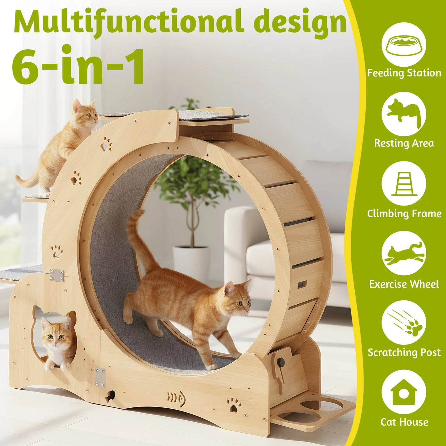 Multi-Functional Indoor Cat Running Exercise Wheel Treadmill Wooden Cat Training Toy Removable Carpet for Pet Running/Walking
