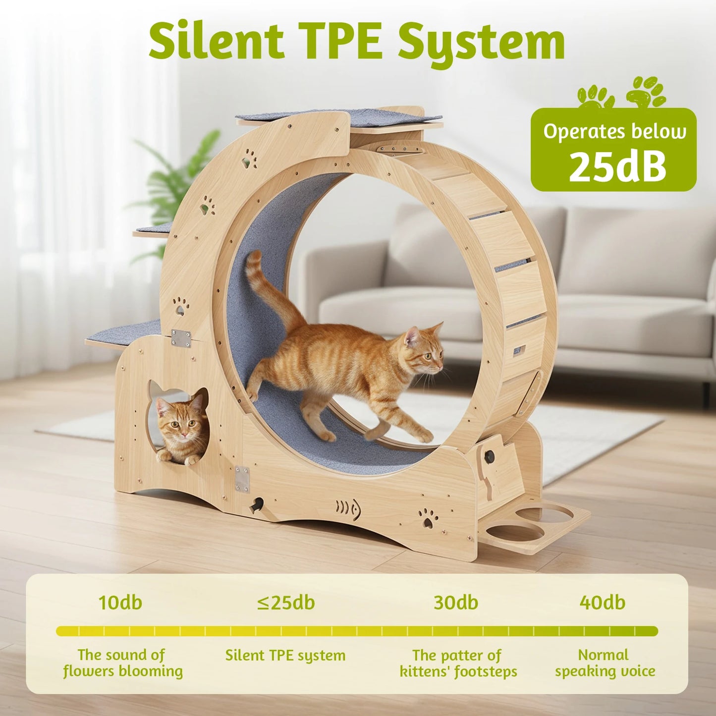 Multi-Functional Indoor Cat Running Exercise Wheel Treadmill Wooden Cat Training Toy Removable Carpet for Pet Running/Walking