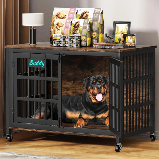 48"/42"/33" Dog Crate Furniture with Name Tag, Heavy Duty Dog Kennel Indoor for Large Dogs, Escape-Proof and Chew-Proof Dog Cag