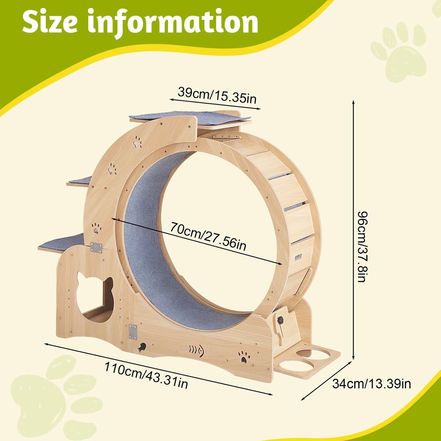 Multi-Functional Indoor Cat Running Exercise Wheel Treadmill Wooden Cat Training Toy Removable Carpet for Pet Running/Walking