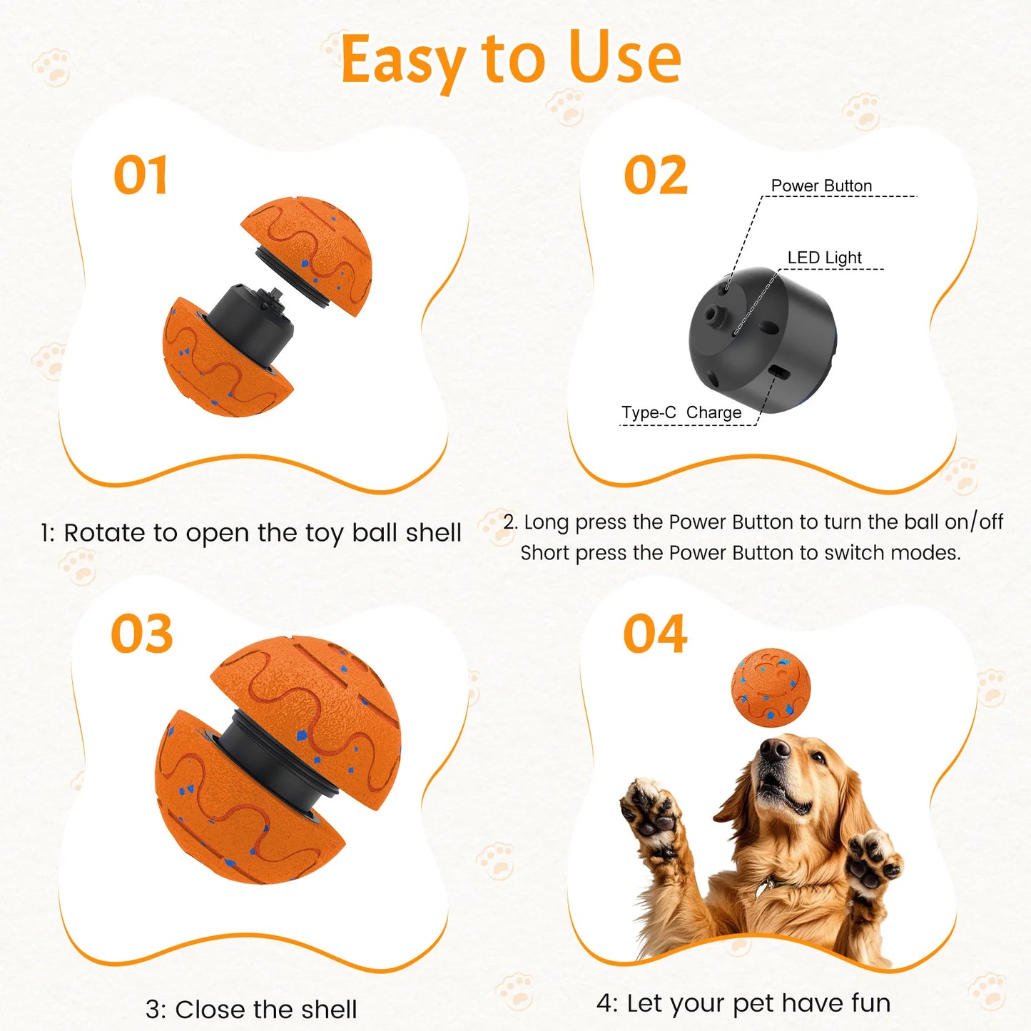 Interactive Dog Ball Auto Rolling - Interactive Dog Toys for Aggressive Chewers - Bouncy & Throwable, Type-C Rechargeable